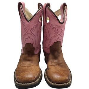 Old West Kids Brown Pink Leather Square Toe Western Cowboy Boots Size 6.5